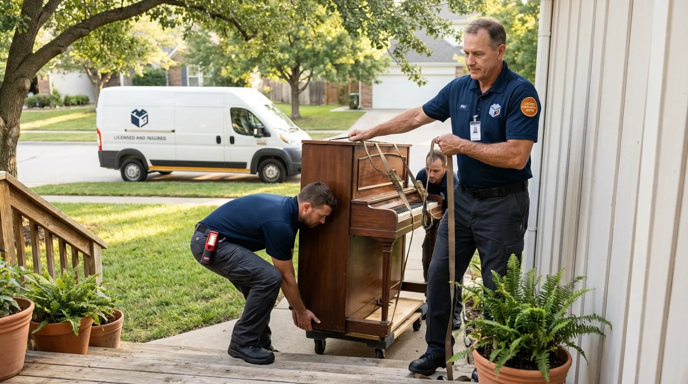 Licensed piano movers securing grand piano in Sea Isle City, NJ