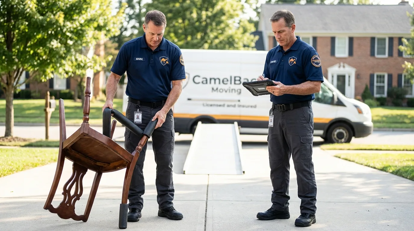 Movers inspecting furniture for damage prevention before loading in Sea Isle City, NJ