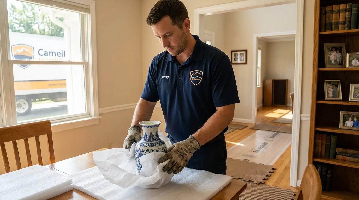 Professional crew carefully wrapping antique vase for senior downsizing move in Sea Isle City, NJ